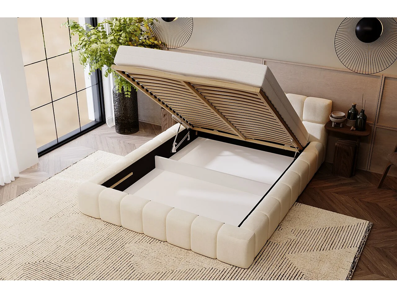 Polsterbett mit Bettkasten - 180 x 200 - Samtstoff - Beige - Bett mit Lattenrost - ALICANTE