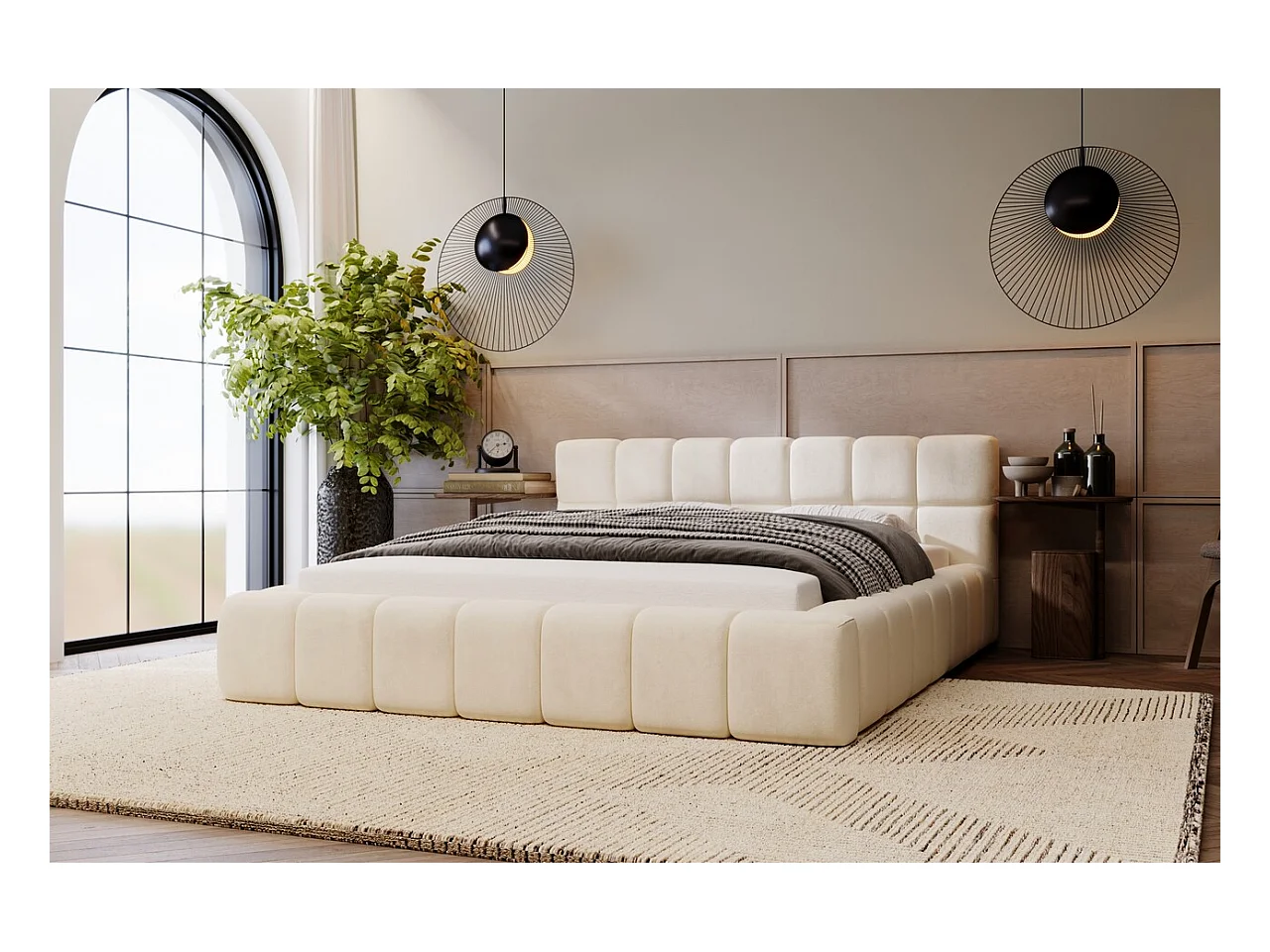 Lit rembourré avec rangement - 180 x 200 - lit double - velours - beige - Alicante