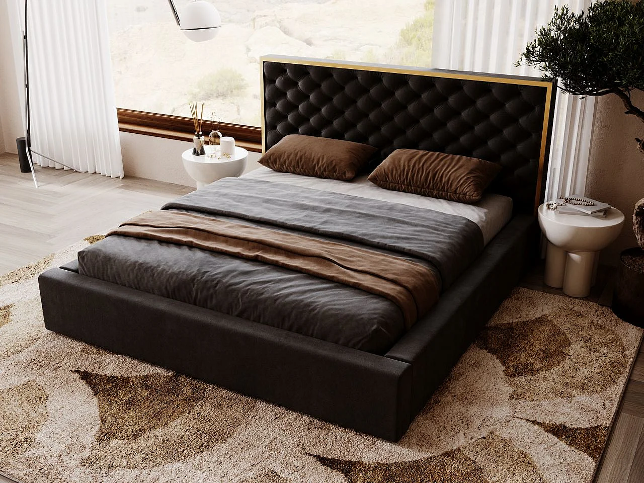 Lit rembourré avec rangement - 120 x 200 - lit double - velours - noir - Bonito