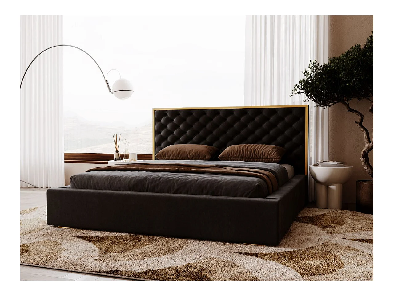 Lit rembourré avec rangement - 120 x 200 - lit double - velours - noir - Bonito