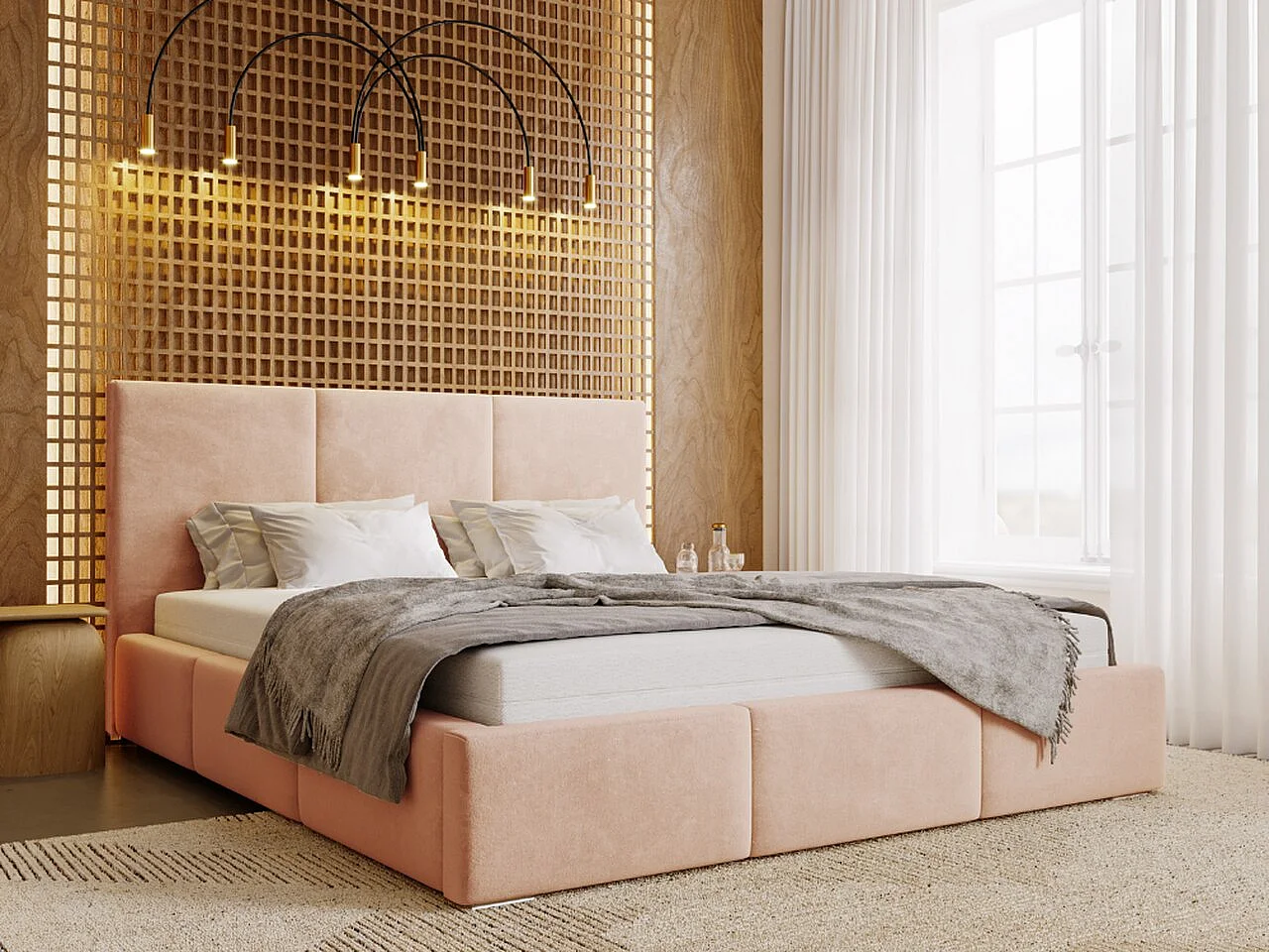 Lit rembourré avec rangement - 120 x 200 - lit double - velours - rose poudré - Lincoln