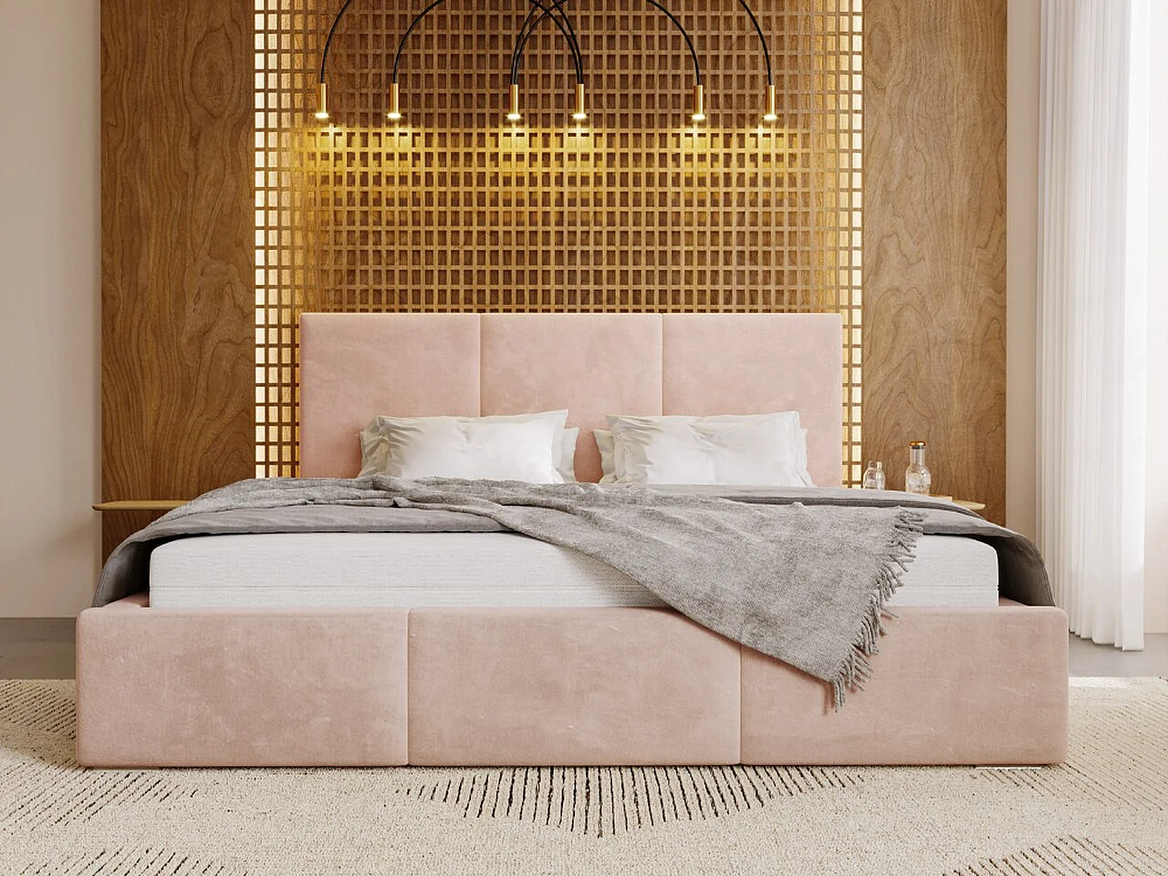 Lit rembourré avec rangement - 120 x 200 - lit double - velours - rose poudré - Lincoln