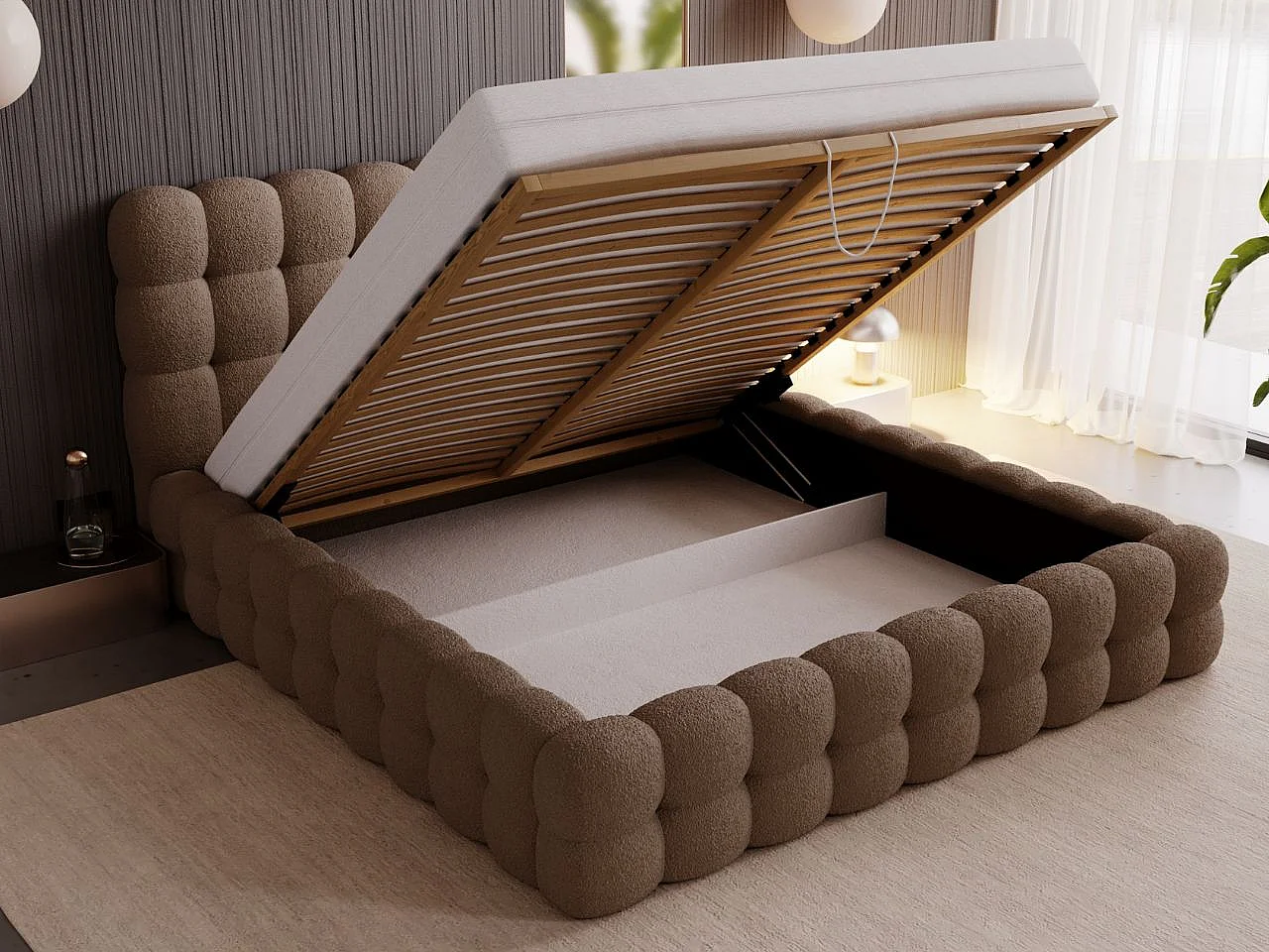 Gestoffeerd bed Twist 140x200 bruin - opbergruimte voor beddengoed, houten lattenbodem, doorgestikt hoofdbord en bedframe