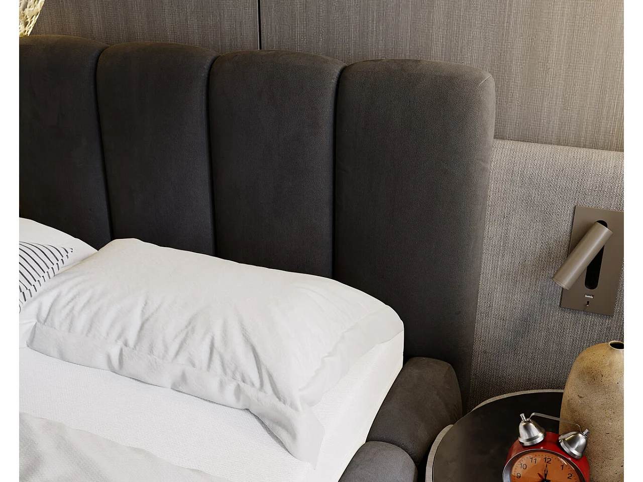 Gestoffeerd bed Cloud 180x200 antraciet - opbergruimte voor beddengoed, houten lattenbodem, doorgestikt hoofdbord en bedframe