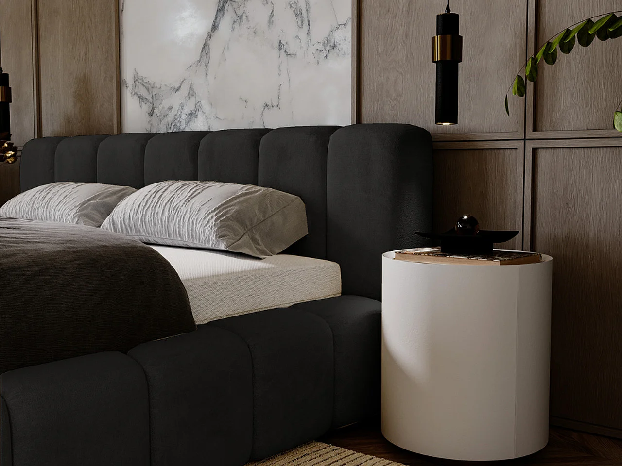 Gestoffeerd bed Ibiza 120x200 zwart - opbergruimte voor beddengoed, houten lattenbodem, doorgestikt hoofdbord en bedframe.