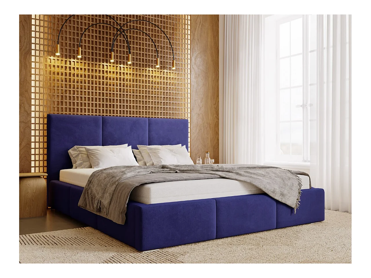 Lit rembourré avec rangement - 160 x 200 - lit double - velours - bleu - Lincoln