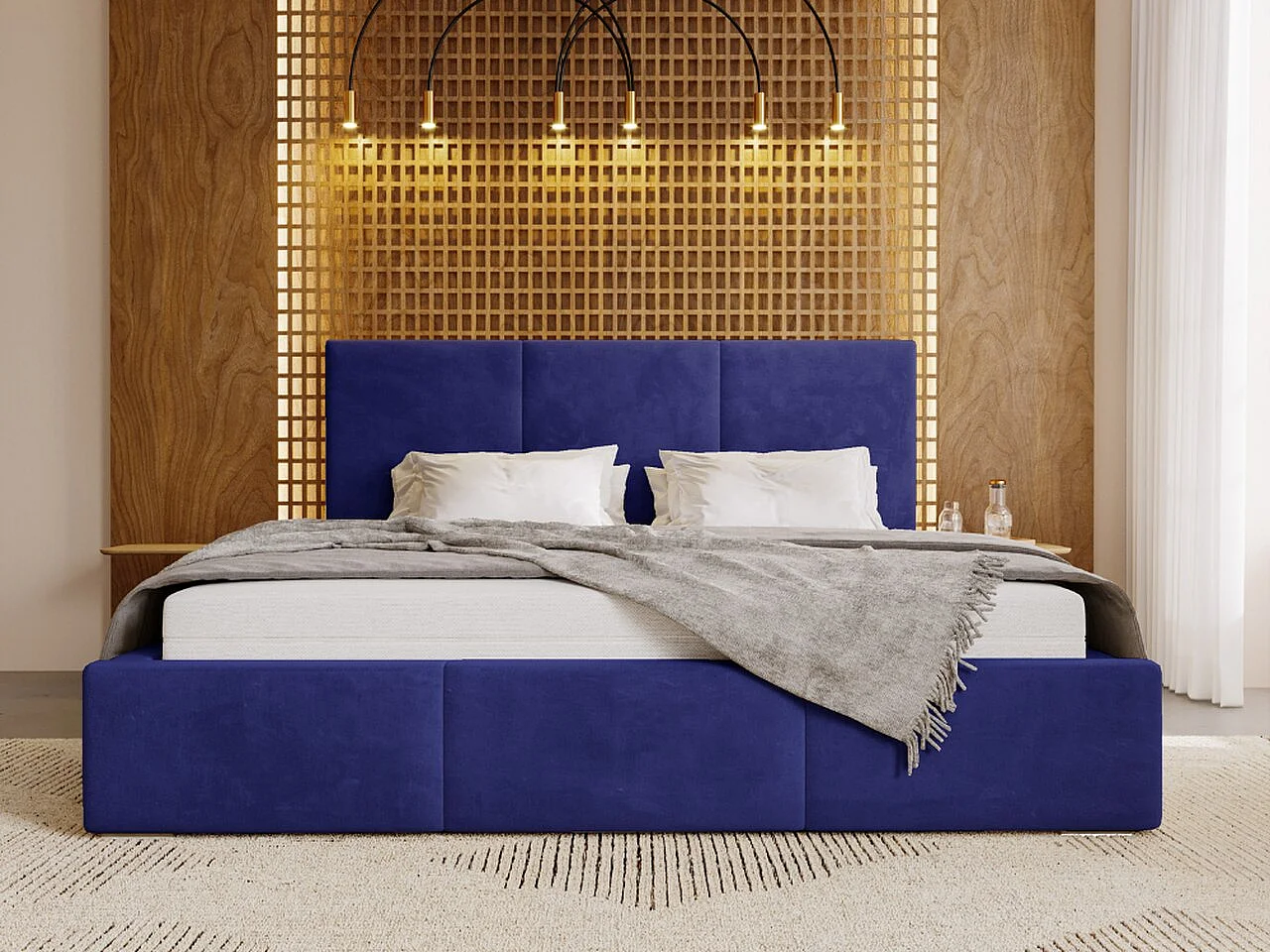 Lit rembourré avec rangement - 160 x 200 - lit double - velours - bleu - Lincoln