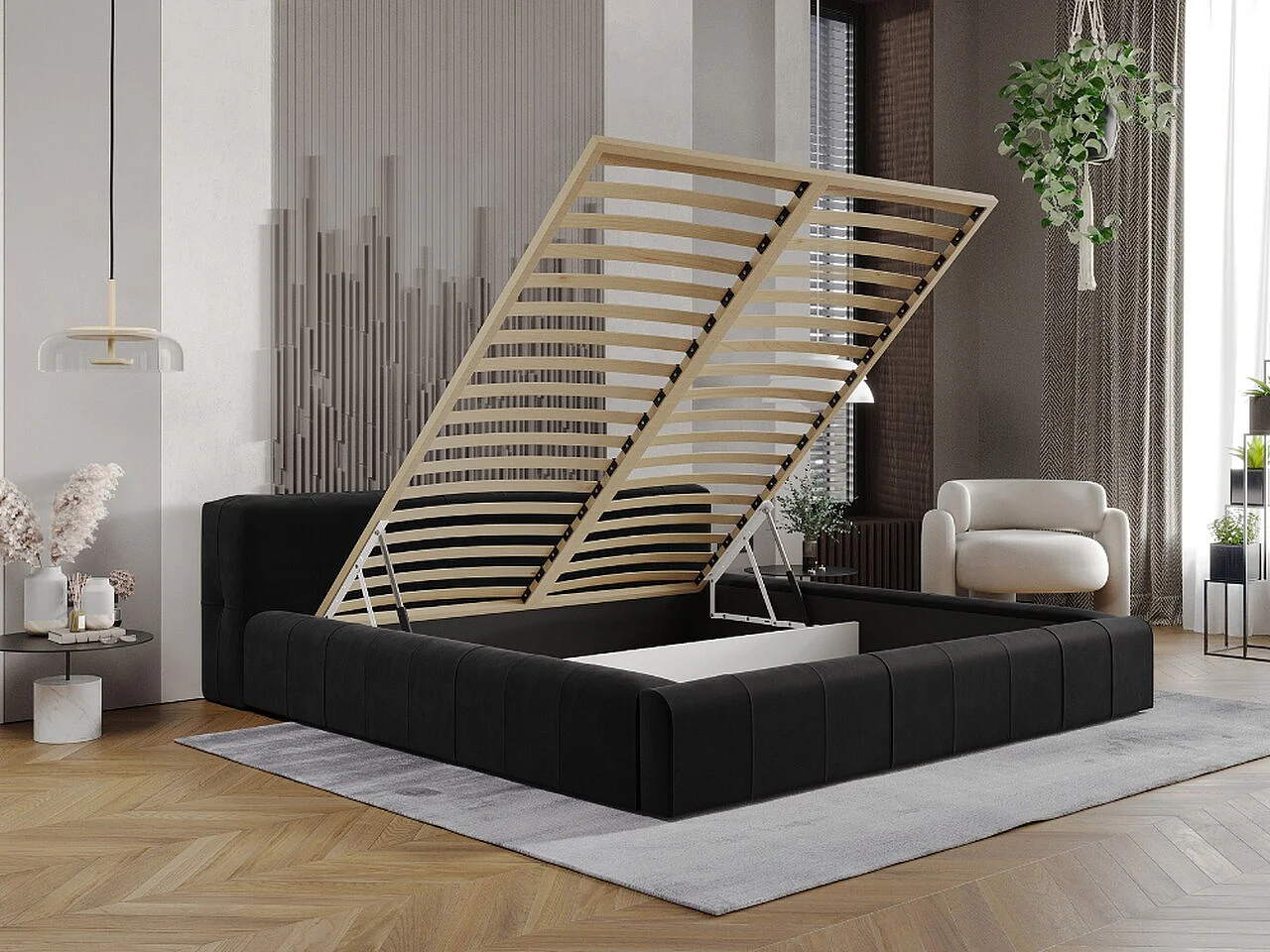 Lit rembourré avec rangement - 140 x 200 - lit double - velours - noir - Lipari