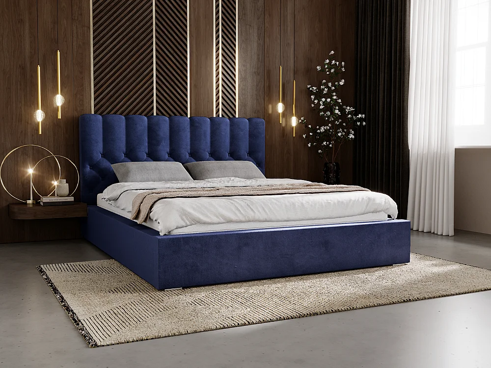 Gestoffeerd bed Roma 160x200 blauw - opbergruimte voor beddengoed, houten lattenbodem, doorgestikt hoofdbord en bedframe