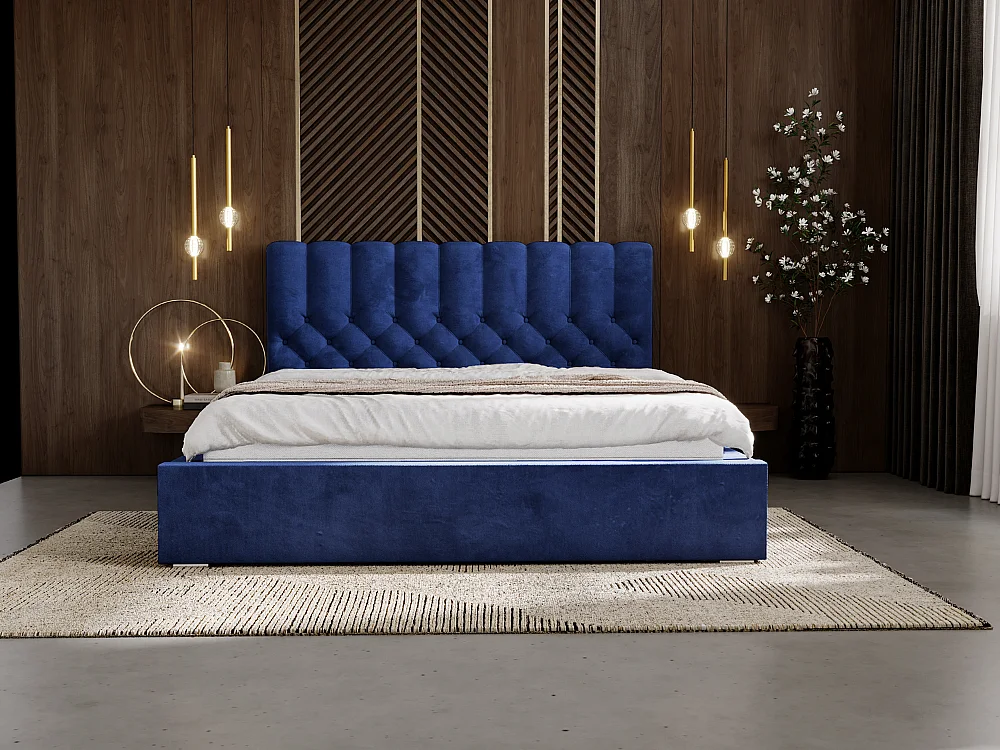 Gestoffeerd bed Roma 160x200 blauw - opbergruimte voor beddengoed, houten lattenbodem, doorgestikt hoofdbord en bedframe