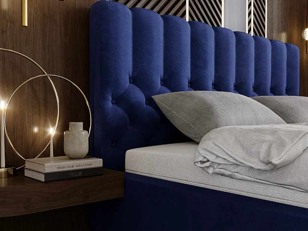 Gestoffeerd bed Roma 160x200 blauw - opbergruimte voor beddengoed, houten lattenbodem, doorgestikt hoofdbord en bedframe