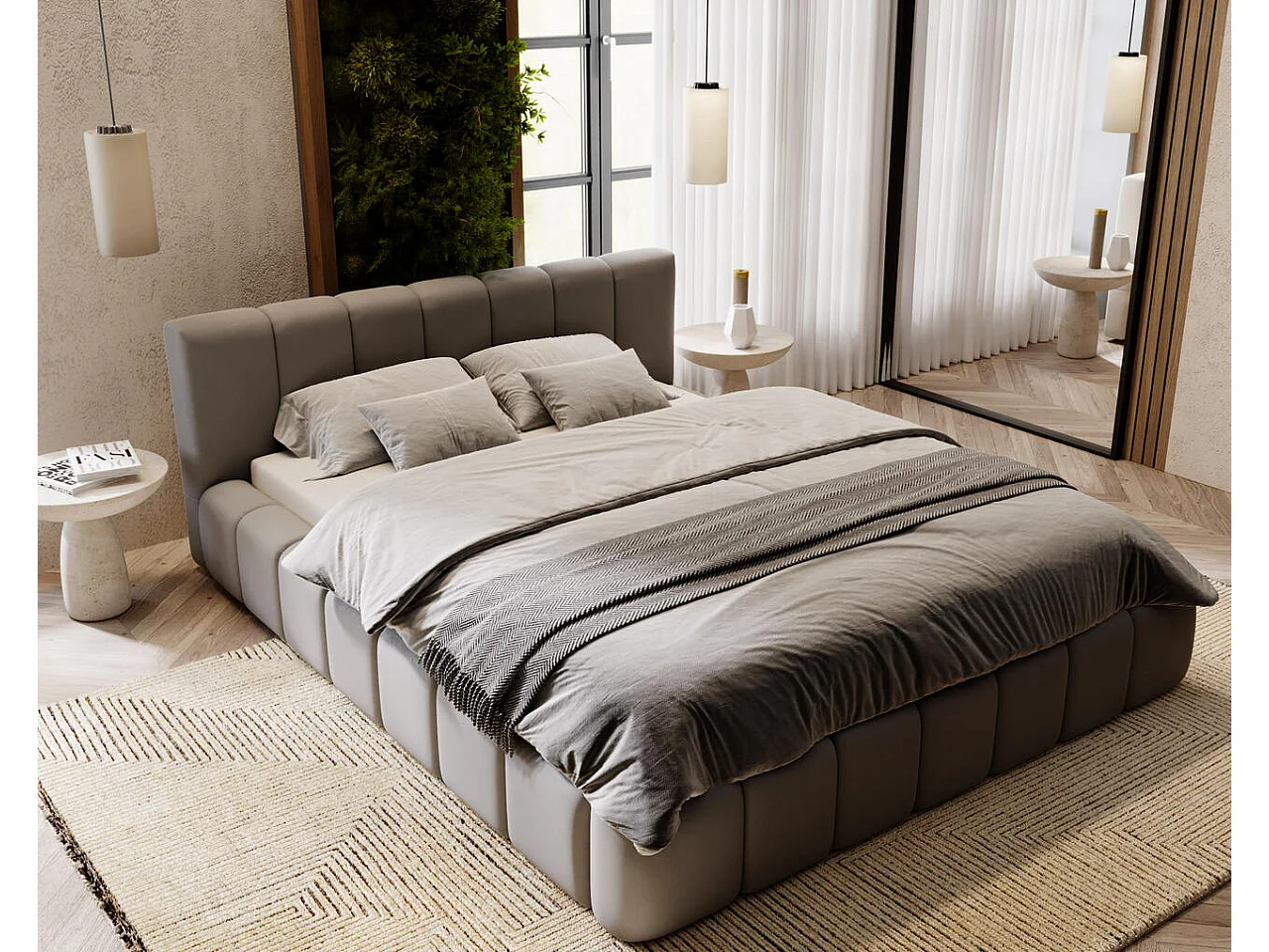 Polsterbett mit Bettkasten - 140 x 200 - Samtstoff - Grau - Bett mit Lattenrost - SPLIT