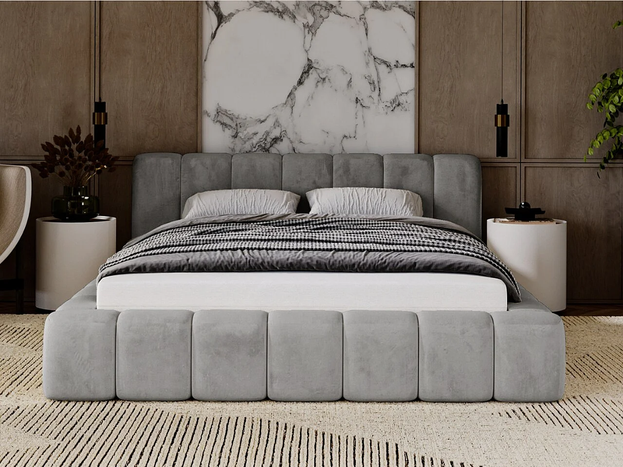 Gestoffeerd bed Ibiza 120x200 grijs - opbergruimte voor beddengoed, houten lattenbodem, doorgestikt hoofdbord en bedframe.