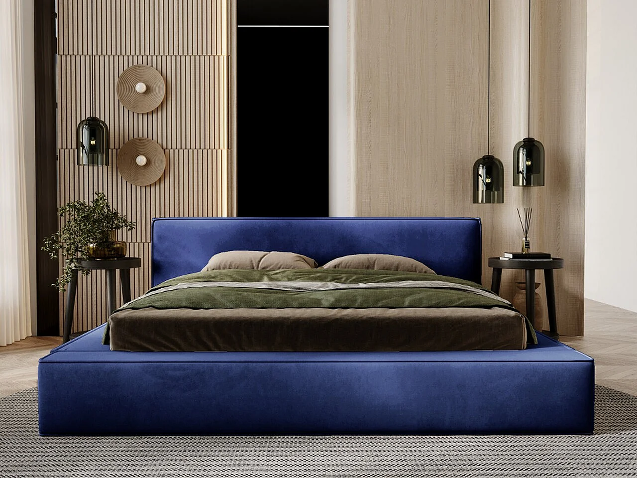 Lit rembourré avec rangement - 120 x 200 - lit double - velours - bleu - Mali