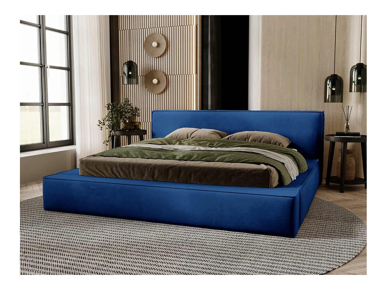 Lit rembourré avec rangement - 120 x 200 - lit double - velours - bleu - Mali