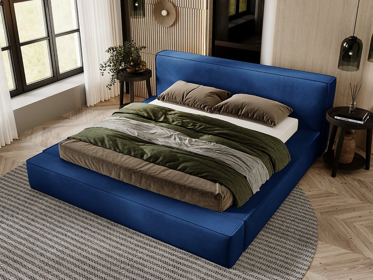 Gestoffeerd bed Mali 120x200 blauw - opbergruimte voor beddengoed, houten lattenbodem, doorgestikt hoofdbord en bedframe