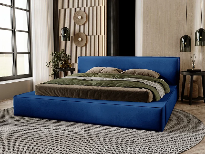 Gestoffeerd bed Mali 120x200 blauw - opbergruimte voor beddengoed, houten lattenbodem, doorgestikt hoofdbord en bedframe