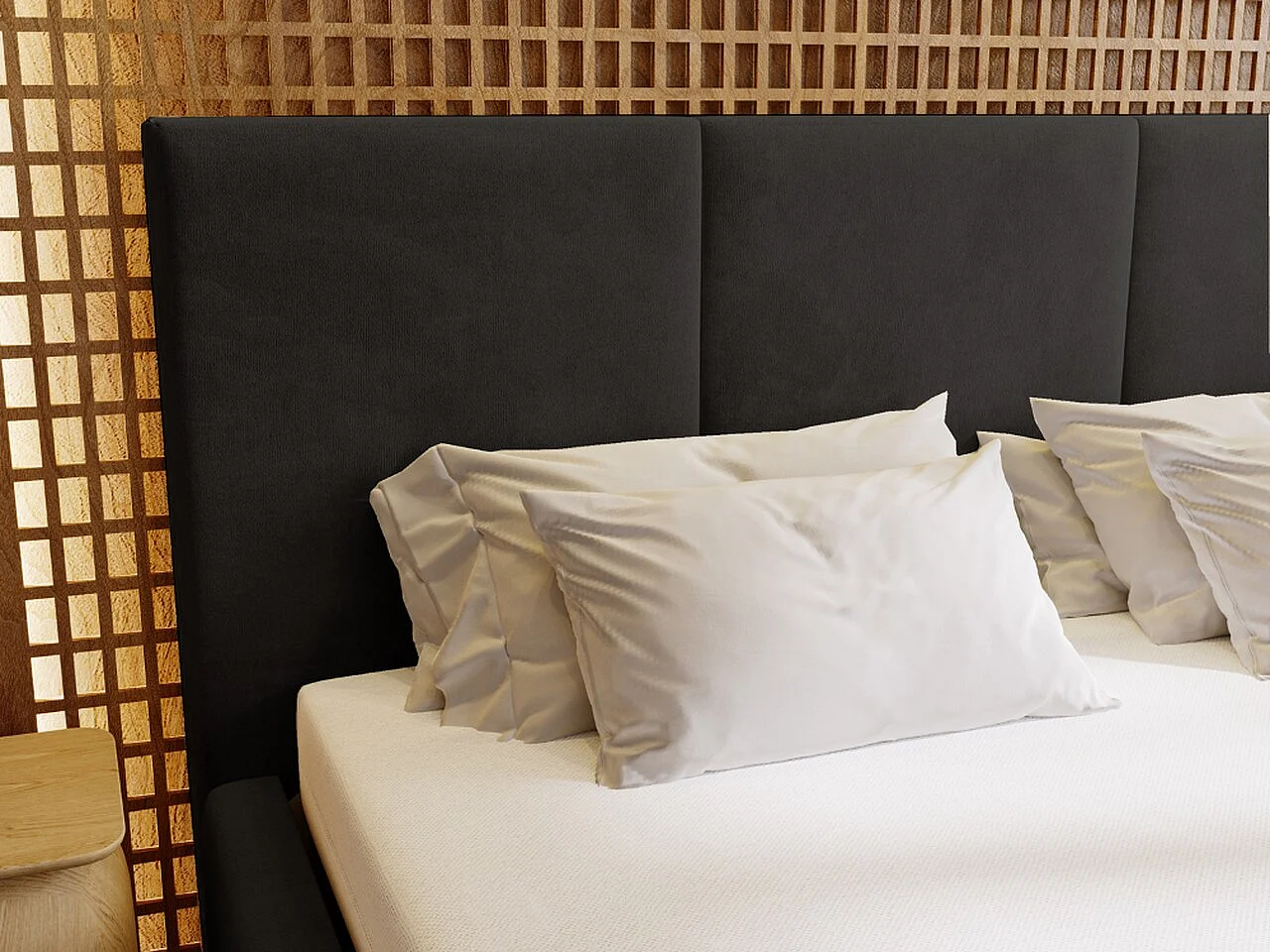 Gestoffeerd bed Lincoln 180x200 Zwart - opbergruimte voor beddengoed, houten lattenbodem, doorgestikt hoofdbord en bedframe