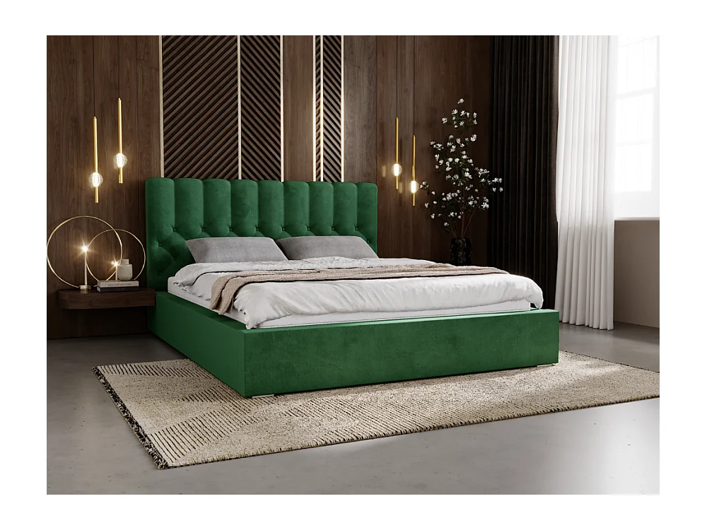 Lit rembourré avec rangement - 160 x 200 - lit double - velours - vert - Roma