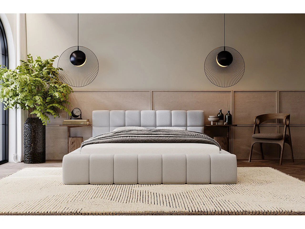 Gestoffeerd bed Alicante 120x200 lichtgrijs - opbergruimte voor beddengoed, houten lattenbodem, doorgestikt hoofdbord en bedframe.