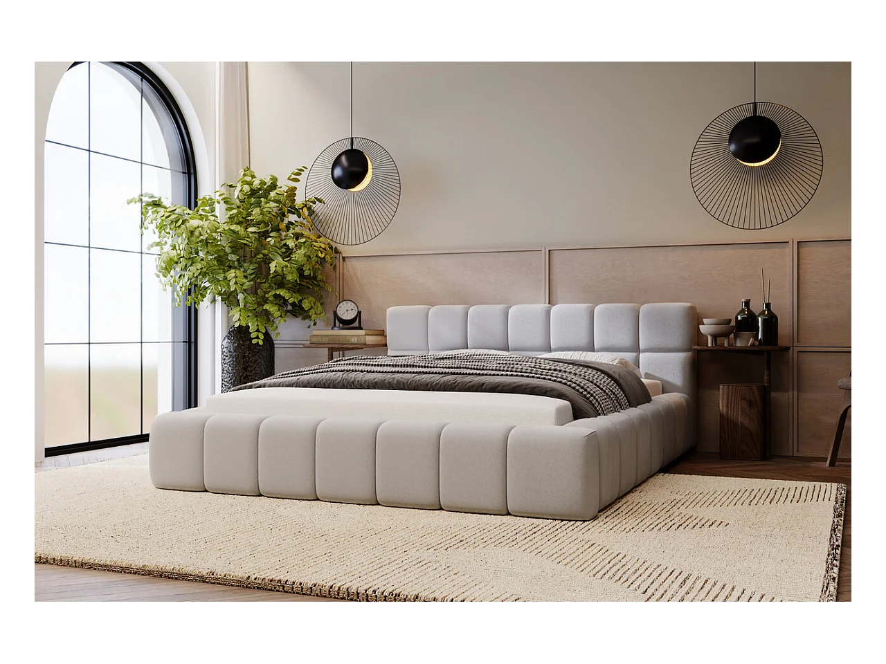 Lit rembourré avec rangement - 120 x 200 - lit double - velours - gris clair - Alicante