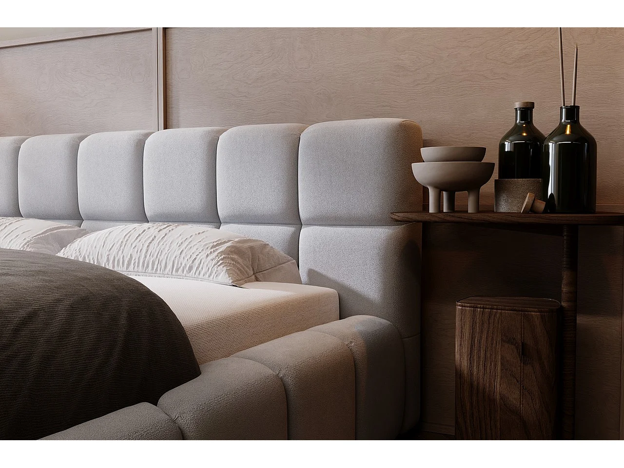 Lit rembourré avec rangement - 120 x 200 - lit double - velours - gris clair - Alicante