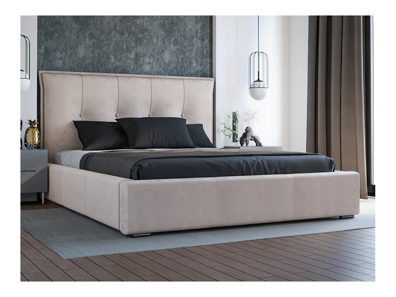 Lit rembourré avec rangement - 160 x 200 - lit double - velours - beige - Valencia