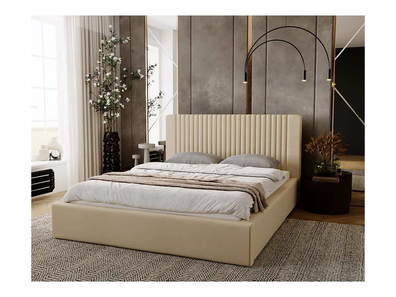 Lit rembourré avec rangement - 200 x 200 - lit double - velours - beige - Malmo