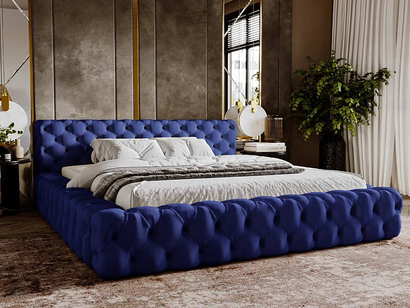 Gestoffeerd bed Palini 160x200 blauw - opbergruimte voor beddengoed, houten lattenbodem, doorgestikt hoofdbord en bedframe