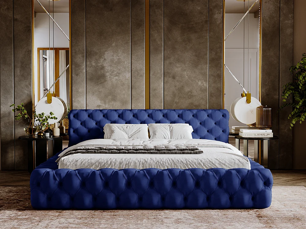 Gestoffeerd bed Palini 160x200 blauw - opbergruimte voor beddengoed, houten lattenbodem, doorgestikt hoofdbord en bedframe