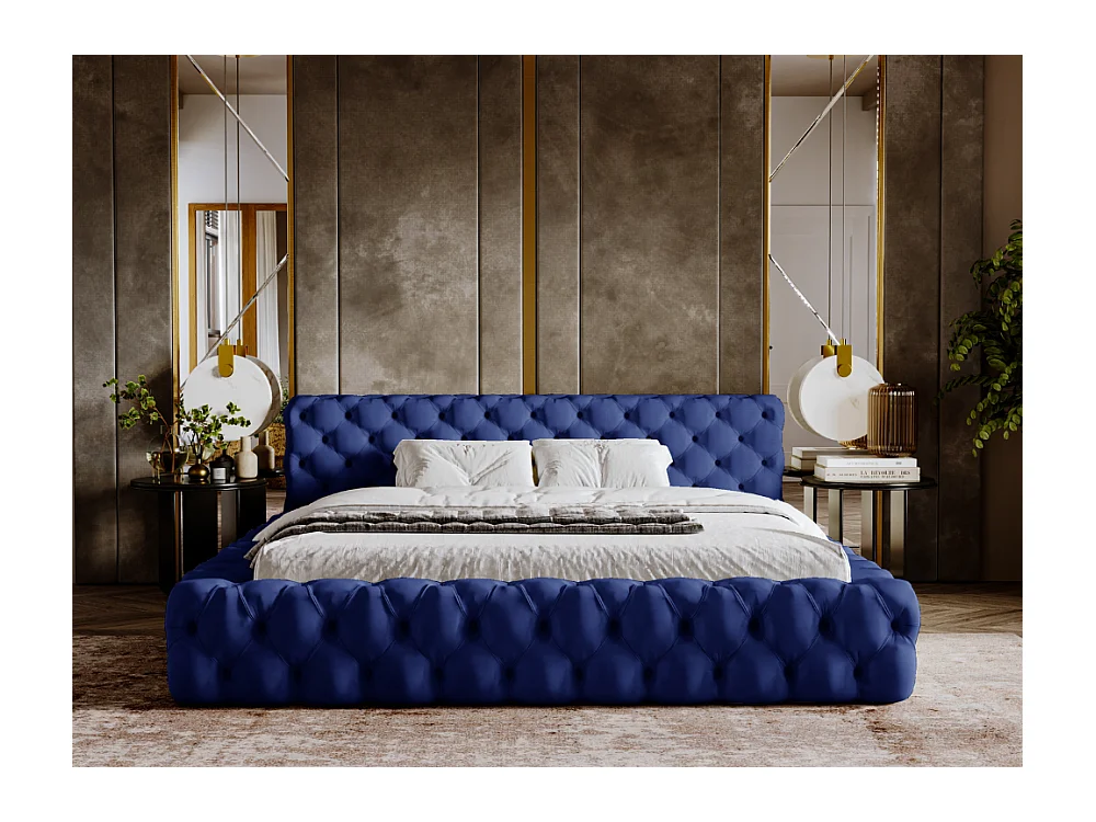 Lit rembourré avec rangement - 160 x 200 - lit double - velours - bleu - Palini