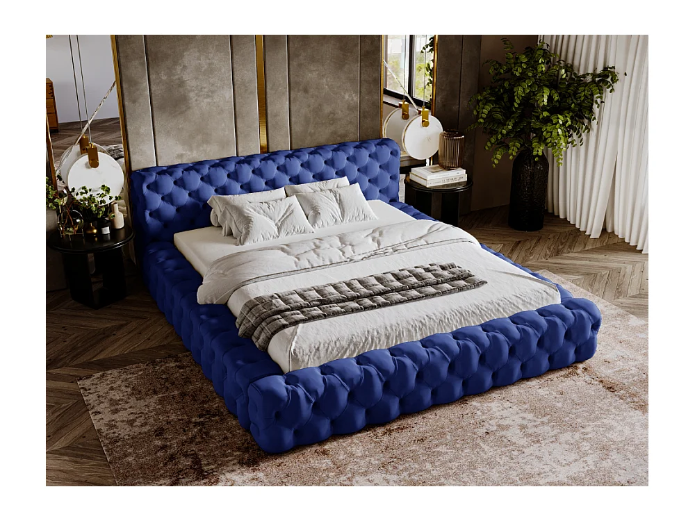 Lit rembourré avec rangement - 160 x 200 - lit double - velours - bleu - Palini