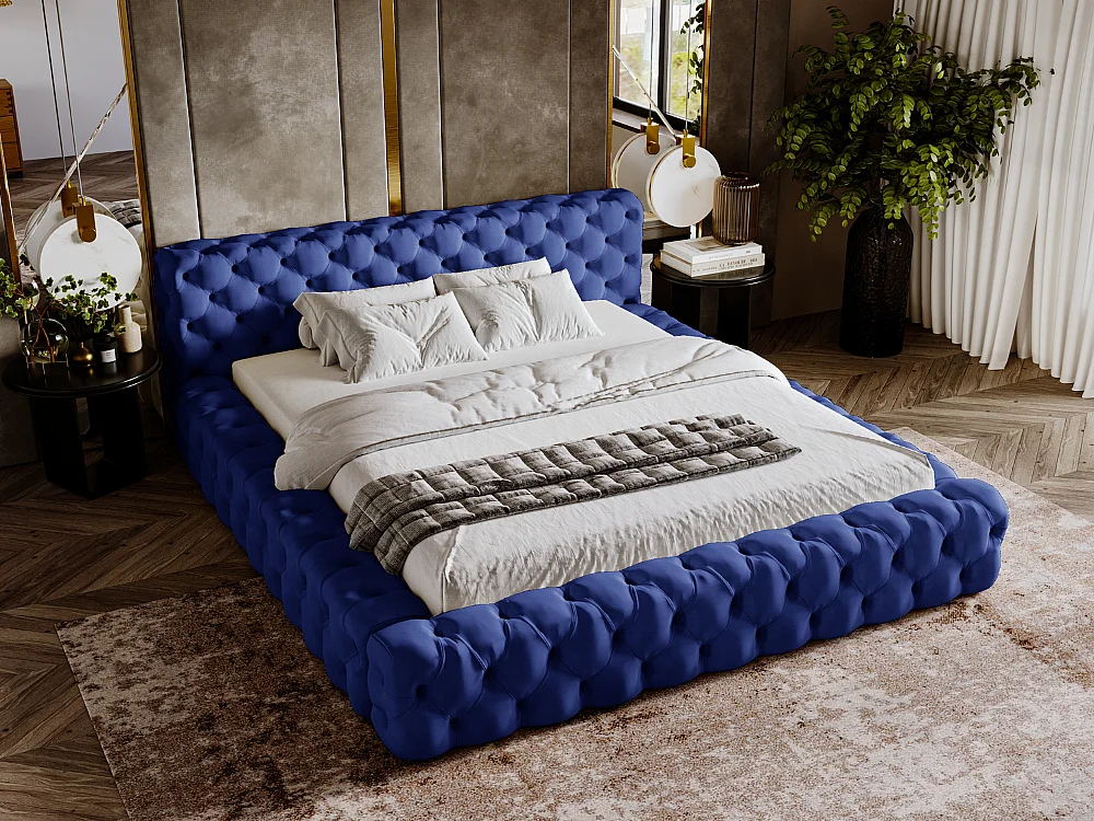Lit rembourré avec rangement - 160 x 200 - lit double - velours - bleu - Palini
