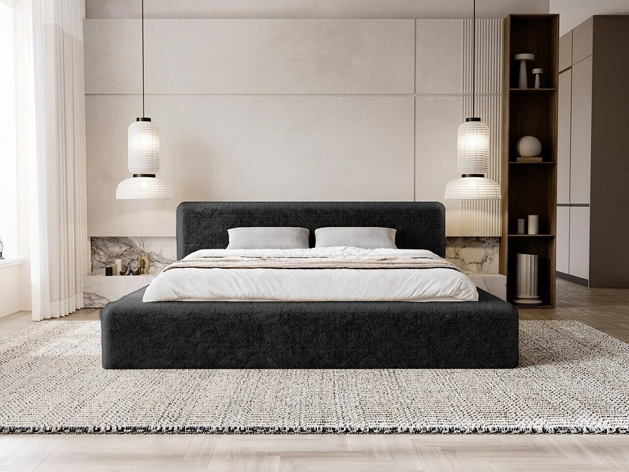 Lit rembourré avec rangement - 180 x 200 - lit double - peluche - noir - Enjoy