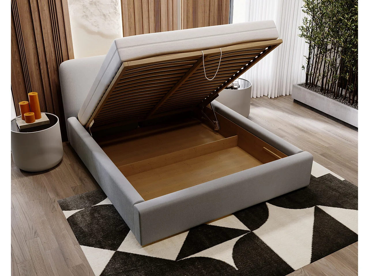 Lit rembourré avec rangement - 120 x 200 - lit double - velours - gris clair - Palermo