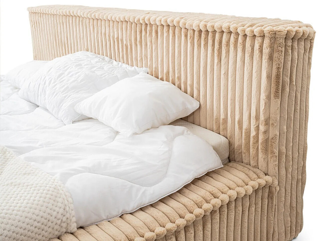 Gestoffeerd bed Lago 160x200 beige - opbergruimte voor beddengoed, houten lattenbodem, doorgestikt hoofdbord en bedframe