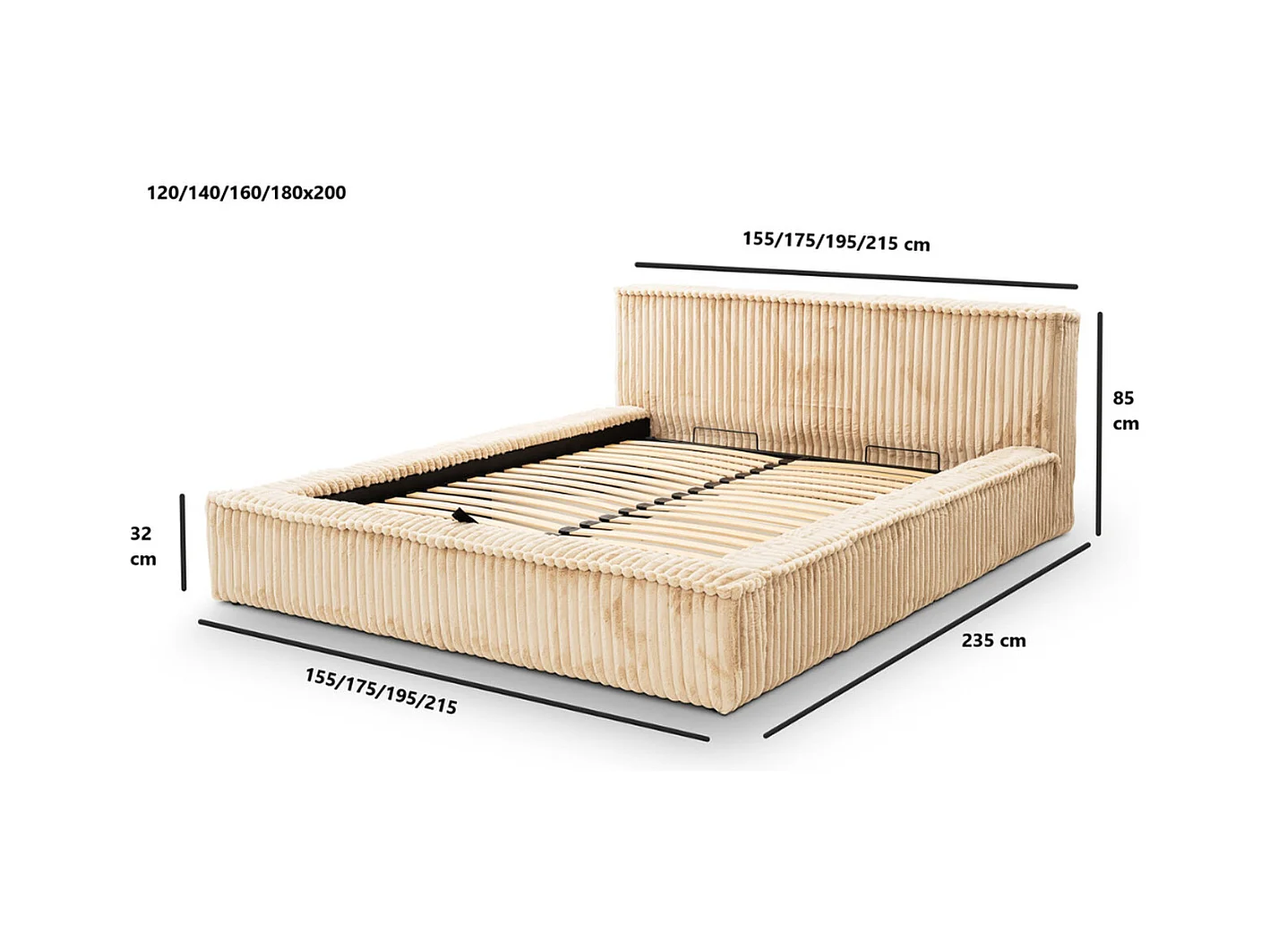 Lit rembourré avec rangement - 160 x 200 - lit double - côtelé - beige - Lago