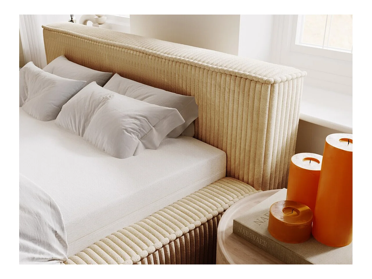 Lit rembourré avec rangement - 160 x 200 - lit double - côtelé - beige - Lago