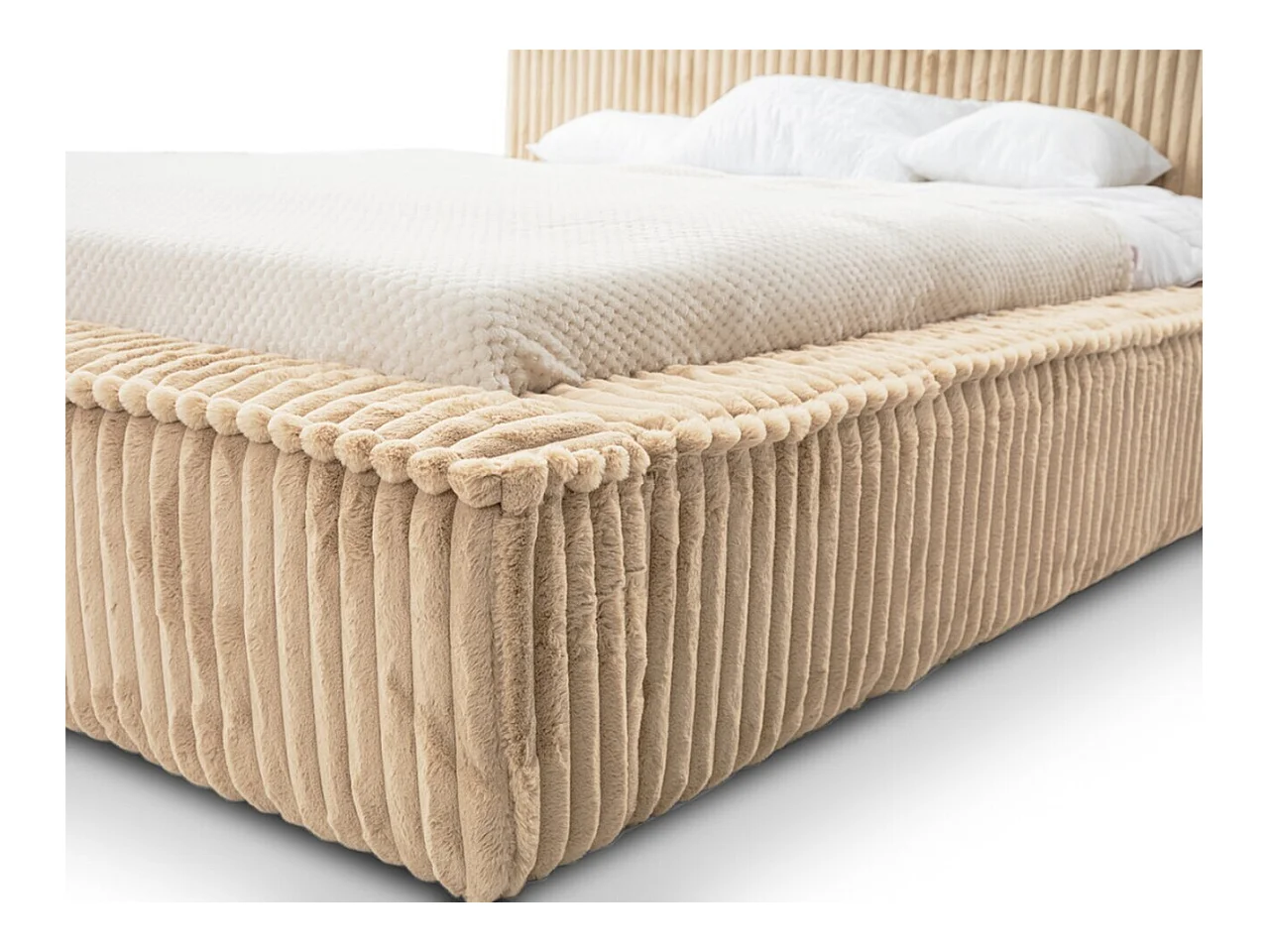 Lit rembourré avec rangement - 160 x 200 - lit double - côtelé - beige - Lago