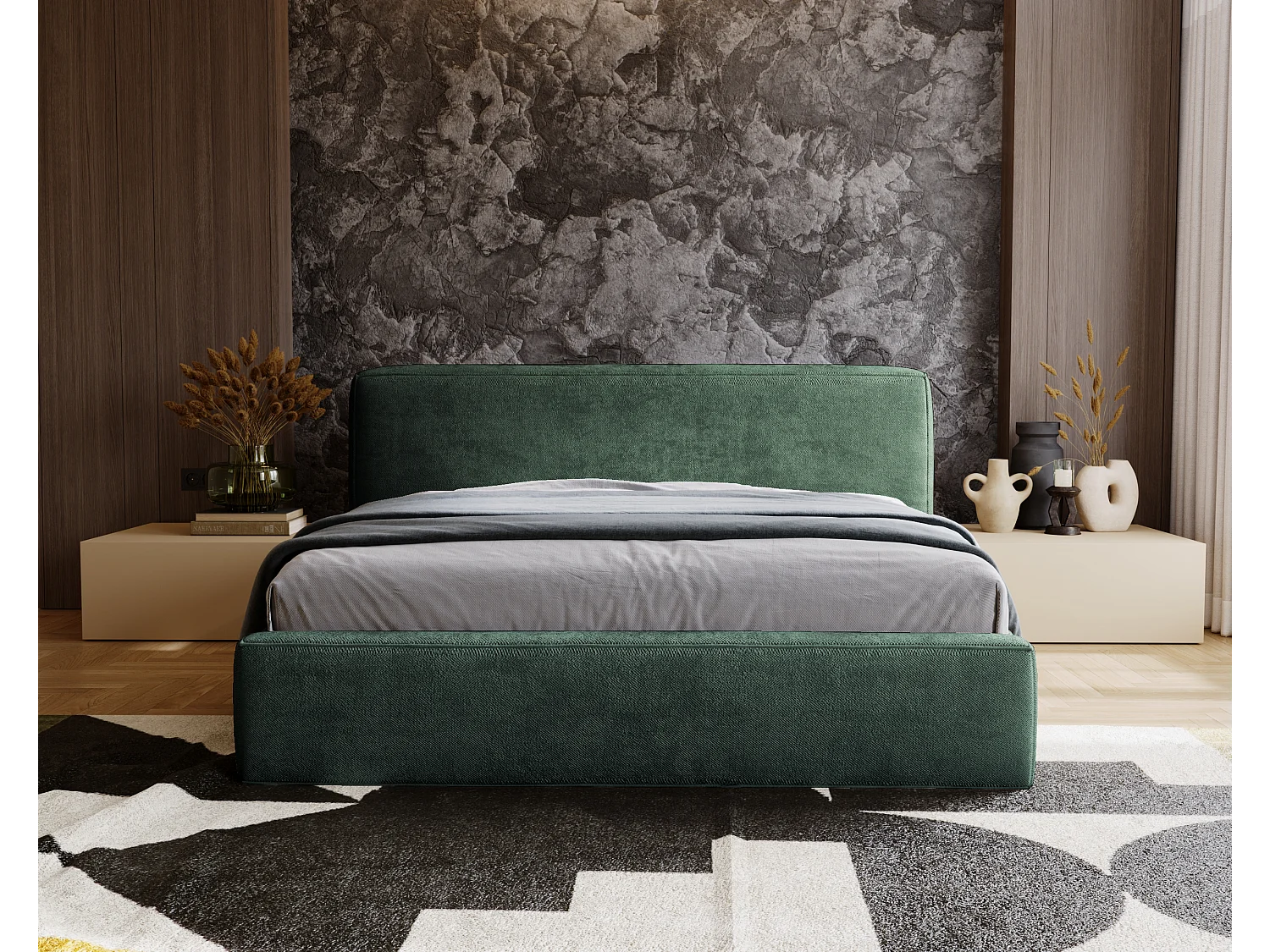 Gestoffeerd bed Monza 140x200 groen - opbergruimte voor beddengoed, houten lattenbodem, doorgestikt hoofdbord en bedframe