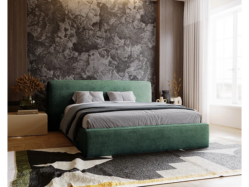 Gestoffeerd bed Monza 140x200 groen - opbergruimte voor beddengoed, houten lattenbodem, doorgestikt hoofdbord en bedframe