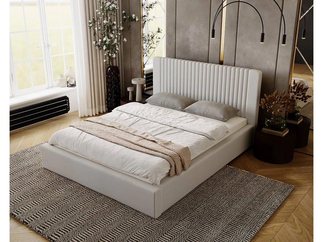 Gestoffeerd bed Malmo 180x200 lichtgrijs - opbergruimte voor bed Malmodengoed, houten lattenbodem, doorgestikt hoofdbord en bedframe