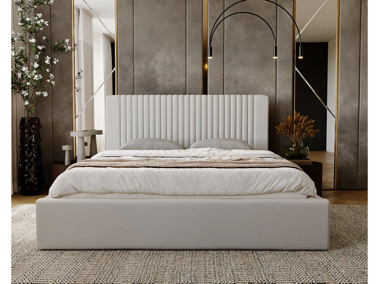 Gestoffeerd bed Malmo 180x200 lichtgrijs - opbergruimte voor bed Malmodengoed, houten lattenbodem, doorgestikt hoofdbord en bedframe