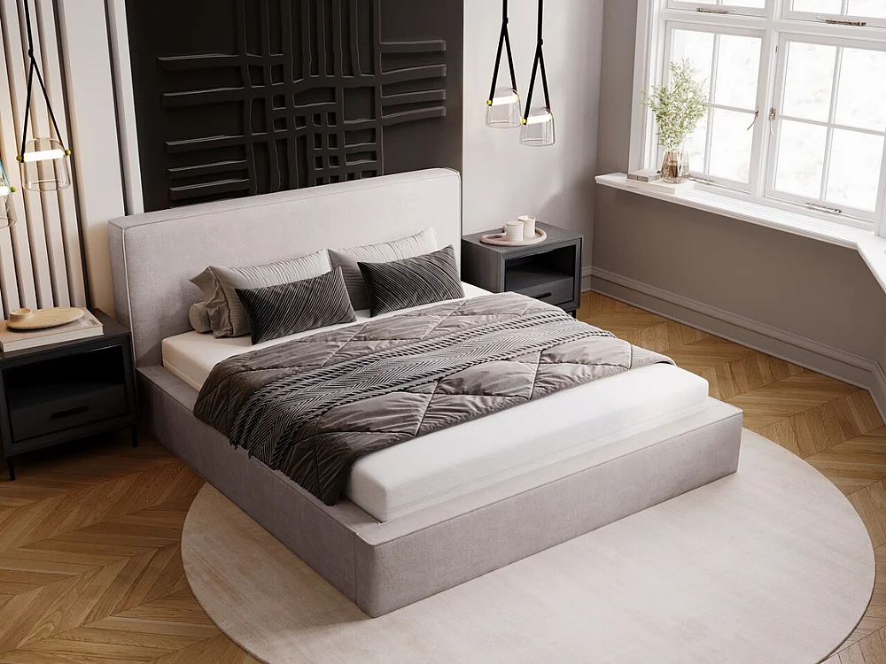 Lit rembourré avec rangement - 140 x 200 - lit double - velours - gris clair - Monaco