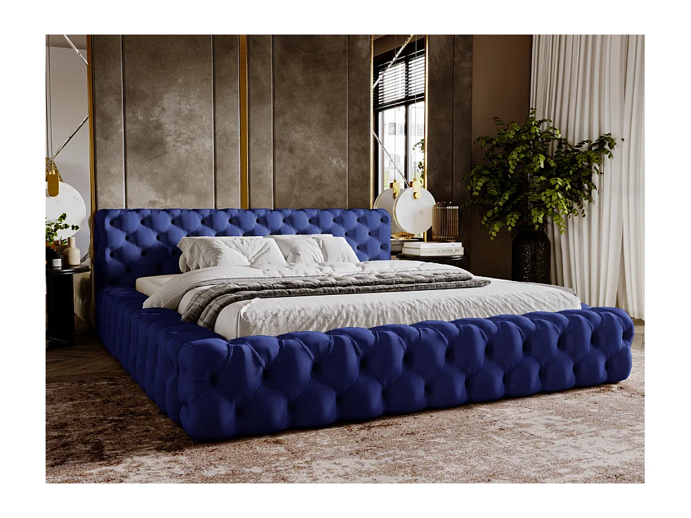 Lit rembourré avec rangement - 180 x 200 - lit double - velours - bleu - Palini