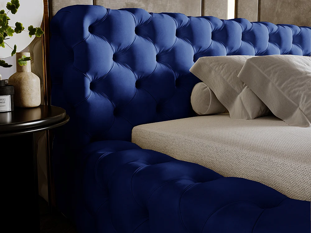 Lit rembourré avec rangement - 180 x 200 - lit double - velours - bleu - Palini