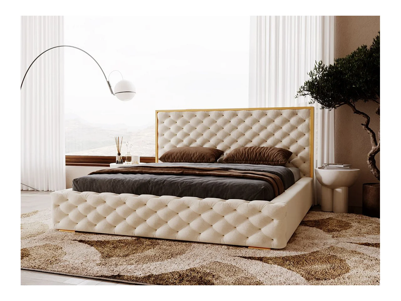 Lit rembourré avec rangement - 180 x 200 - lit double - velours - beige - Wave