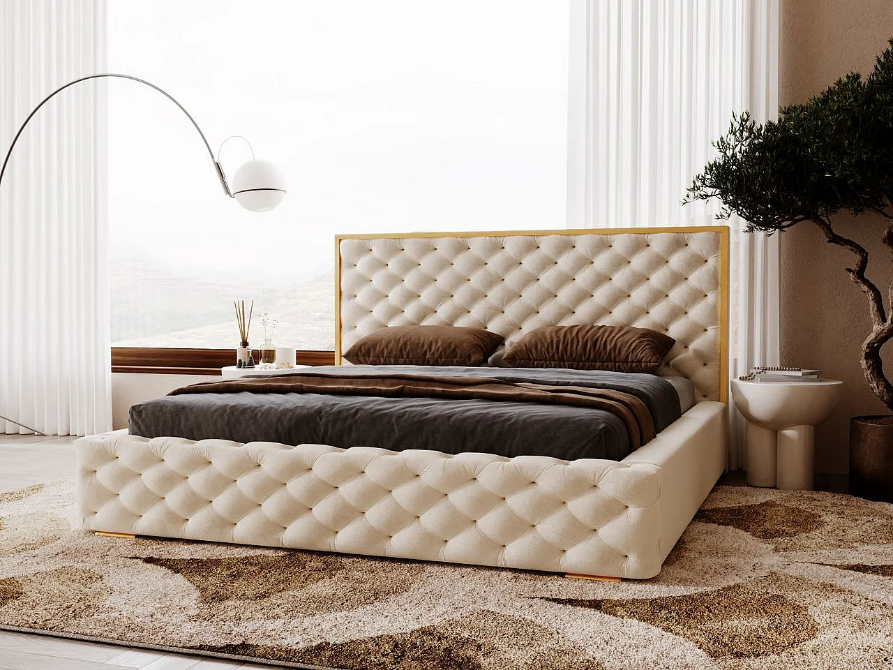 Lit rembourré avec rangement - 180 x 200 - lit double - velours - beige - Wave