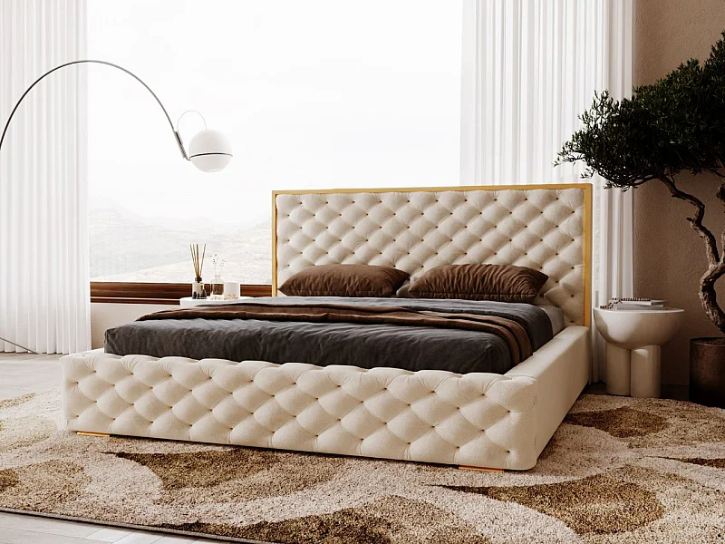 Gestoffeerd bed Wave 180x200 beige - opbergruimte voor beddengoed, houten lattenbodem, doorgestikt hoofdbord en bedframe