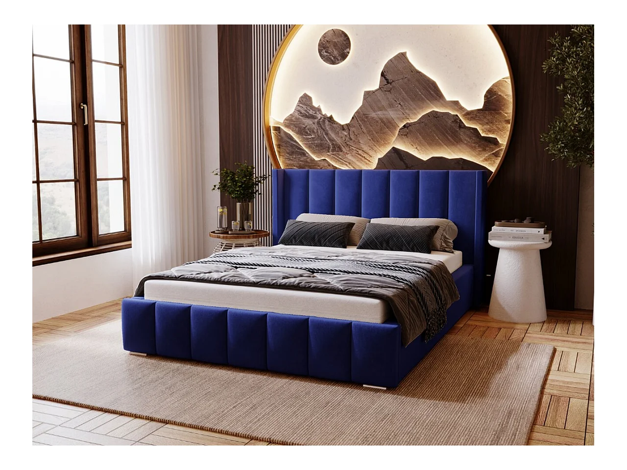 Gestoffeerd bed Marano 180x200 blauw - opbergruimte voor beddengoed, houten lattenbodem, doorgestikt hoofdbord en bedframe